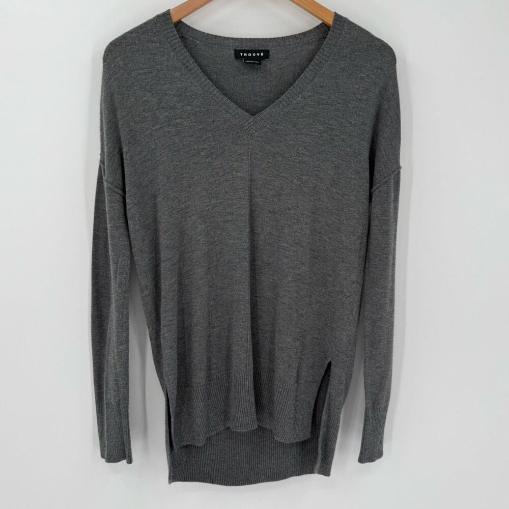 Trouve Cashmere Viscose Blend V-Neck Slit Hem Sweater Women Small Grey